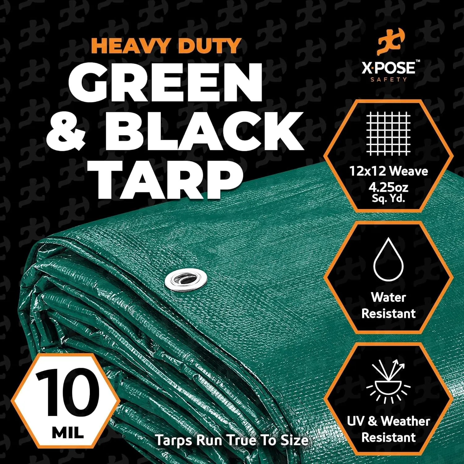 Heavy Duty Poly Tarp - 8' x 10' (2-Pack) - 10 Mil Thick Waterproof, UV Blocking Protective Cover - Reversible Green and Black - Laminated Coating - Grommets - by Xpose Safety