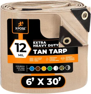 Heavy Duty Tan Poly Tarp 6' X 30' - Multipurpose Protective Cover - Durable, Waterproof, Weather Proof, Rip and Tear Resistant - Extra Thick 12 Mil Polyethylene - by Xpose Safety
