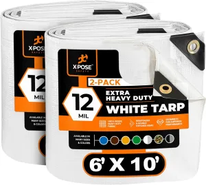 Heavy Duty White Poly Tarp 6' X 10' (2-Pack) - Multipurpose Protective Cover - Durable, Waterproof, Weather Proof, Rip and Tear Resistant - Extra Thick 12 Mil Polyethylene - by Xpose Safety