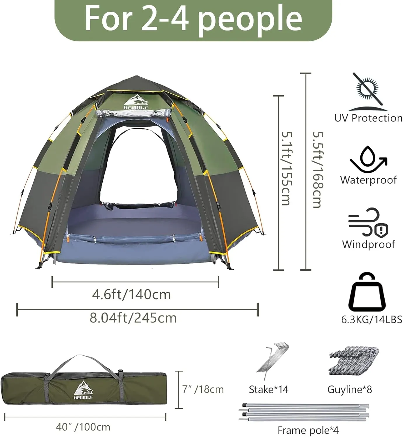 Hewolf 2/3/4 Person Camping Tent - Instant Pop Up Waterproof 2 Doors Tent with Easy Setup | 3-Season Hexagonal Dome Design for Family, Hiking & Traveling