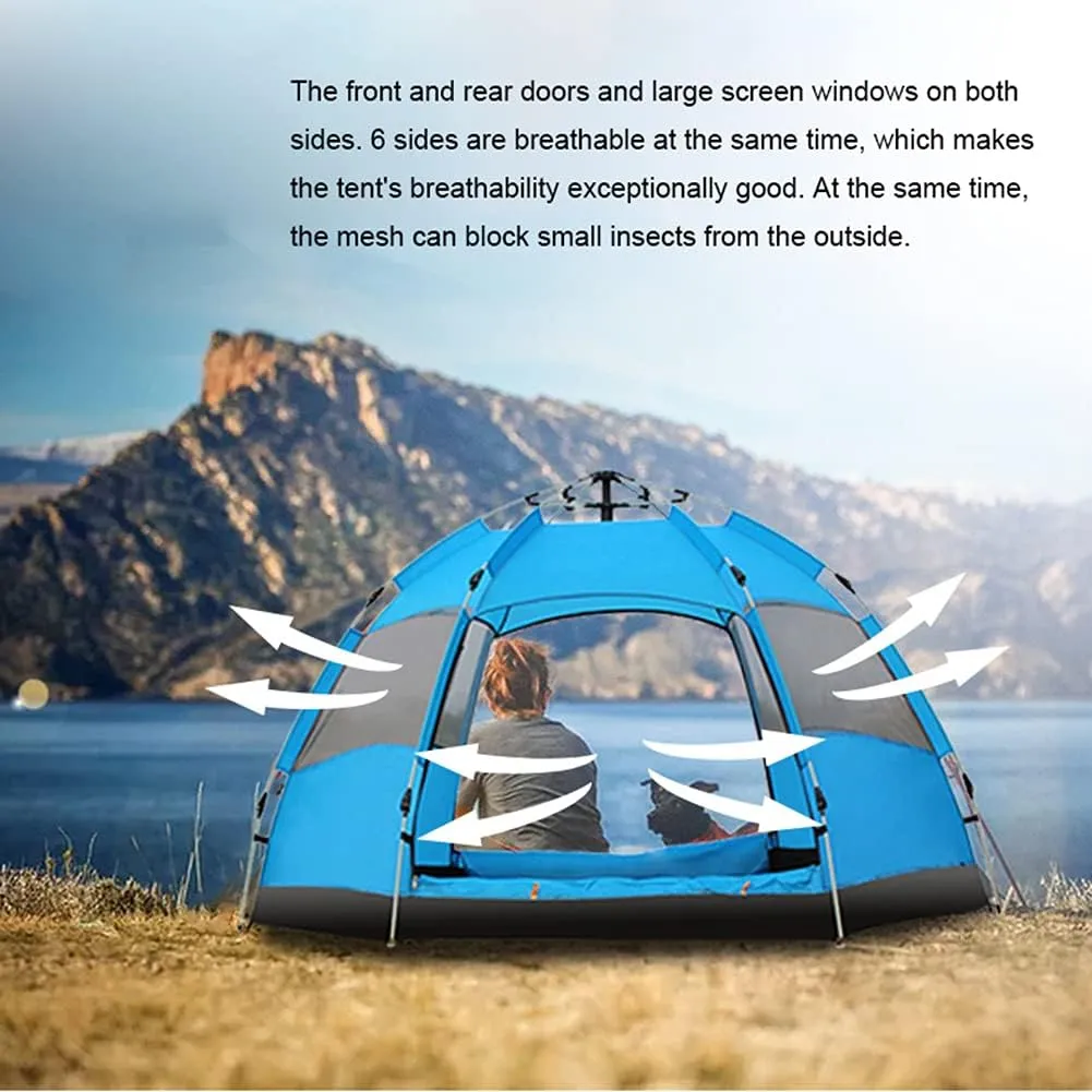 Hexagonal Tent Automatic Opening Pop Up Tent Outdoor Camping Tent Double Layer Portable Lightweight Backpack Tent Sunshade Shelter Beach Tent (Blue 3~5 Person) (Blue 3~5 Person)