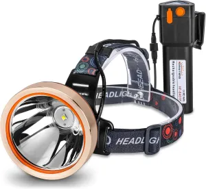 High-end design for Ultra Comfortable Headlamp Adjustable Hunting, Hiking, Camping, Rechargeable Activities, Emergency, Bright Wear Waterproof LED Hands-Free Torch Outdoor Flashlight, High Head Power - Full range Fishing, Head