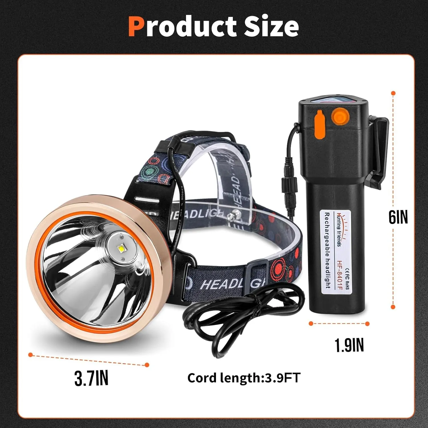 High-end design for Ultra Comfortable Headlamp Adjustable Hunting, Hiking, Camping, Rechargeable Activities, Emergency, Bright Wear Waterproof LED Hands-Free Torch Outdoor Flashlight, High Head Power - Full range Fishing, Head