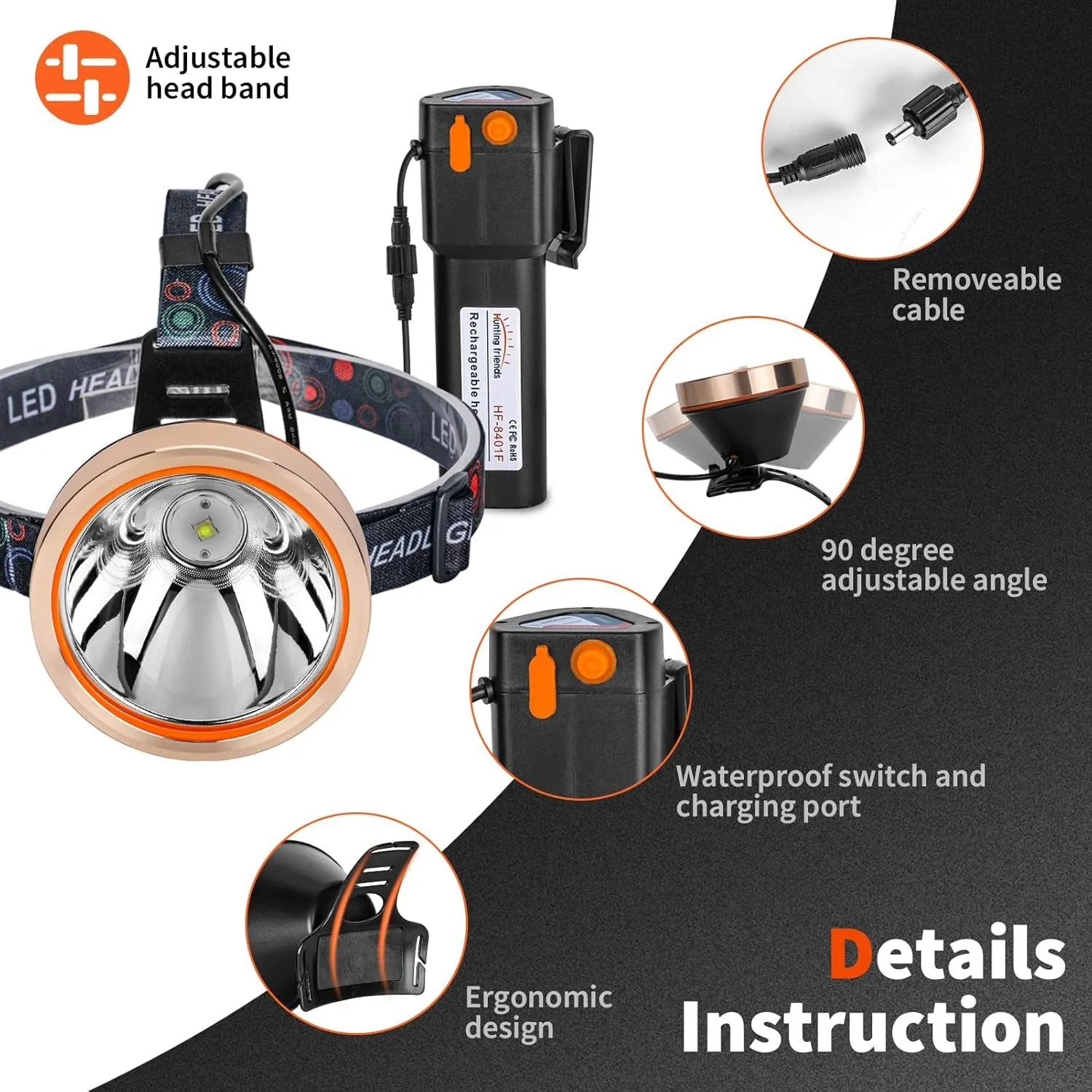 High-end design for Ultra Comfortable Headlamp Adjustable Hunting, Hiking, Camping, Rechargeable Activities, Emergency, Bright Wear Waterproof LED Hands-Free Torch Outdoor Flashlight, High Head Power - Full range Fishing, Head