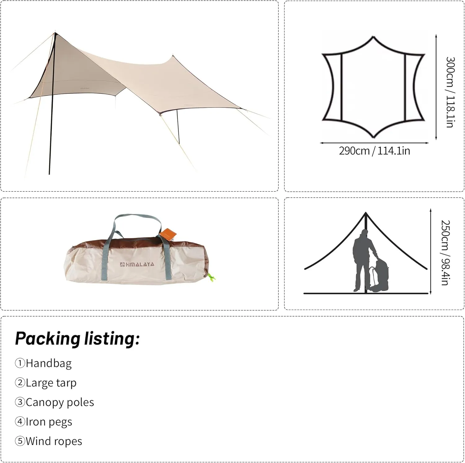 Himalaya Rain Tarp for Camping 4-6 Person Tent Tarp with 2 Poles Canopy Sun Shield Tarp UPF 50  Outdoor Camping Traveling Awning Backpacking (118.1" x 114.1", Hexagon)