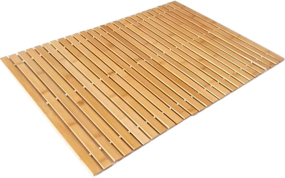 HJJKKH Bath Mat, Wooden Bathroom Mat Rayon Derived from Bamboo 31.5"x19.7", Rollable Non-Slip Floor Mat, Wooden Shower Mat for Bathroom, Bathtub, Spa, Sauna, Hot Tub & Outdoor Use