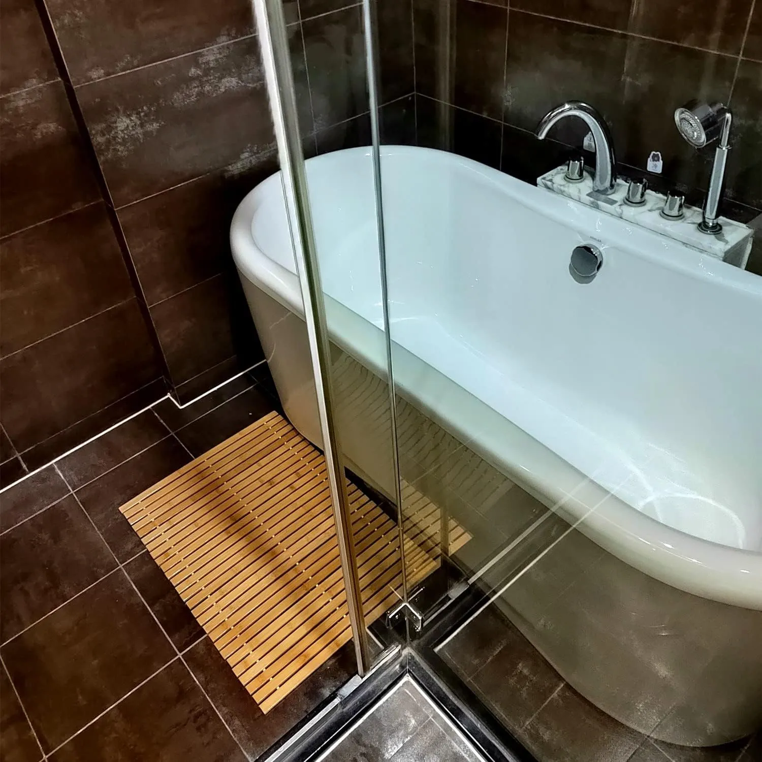 HJJKKH Bath Mat, Wooden Bathroom Mat Rayon Derived from Bamboo 31.5"x19.7", Rollable Non-Slip Floor Mat, Wooden Shower Mat for Bathroom, Bathtub, Spa, Sauna, Hot Tub & Outdoor Use