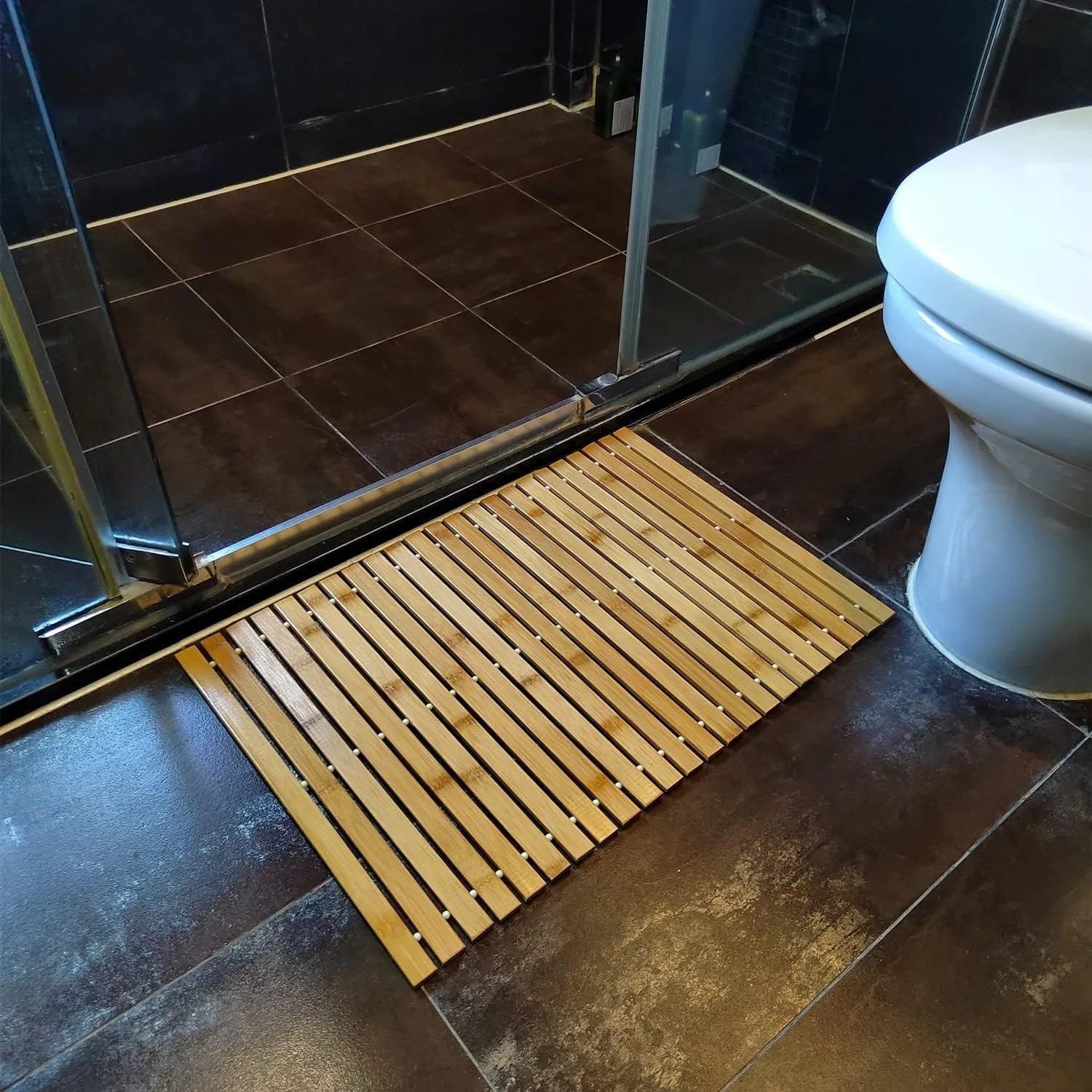 HJJKKH Bath Mat, Wooden Bathroom Mat Rayon Derived from Bamboo 31.5"x19.7", Rollable Non-Slip Floor Mat, Wooden Shower Mat for Bathroom, Bathtub, Spa, Sauna, Hot Tub & Outdoor Use