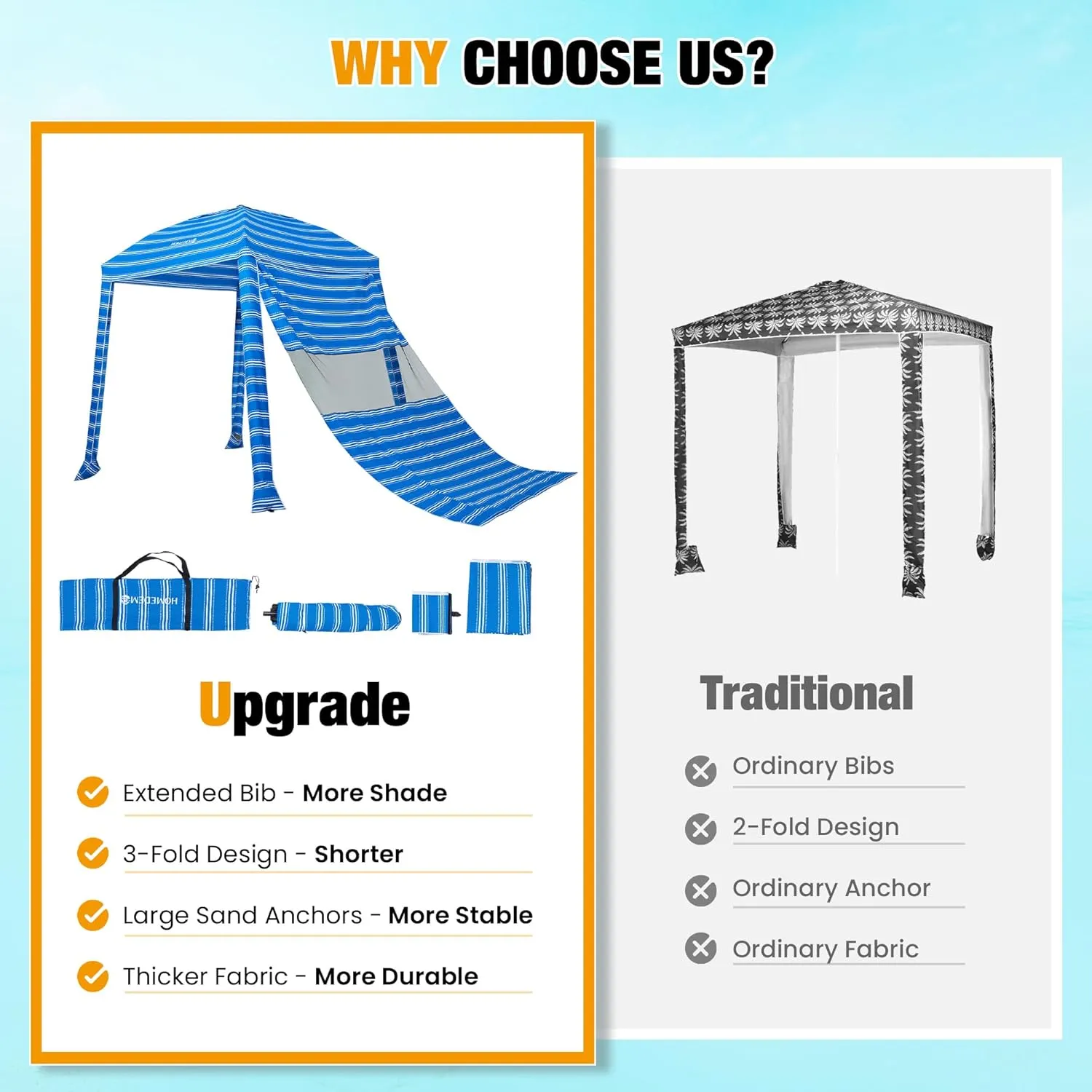 HOMEDEMO Beach Cabana UPF 50 , 6'×6' Beach Canopy, Easy Set up and Take Down, Cool Cabana Beach Tent with Sand Pockets, Side Wall Beach Shade Canopy Wind Waterproof for Kids, Family & Friends