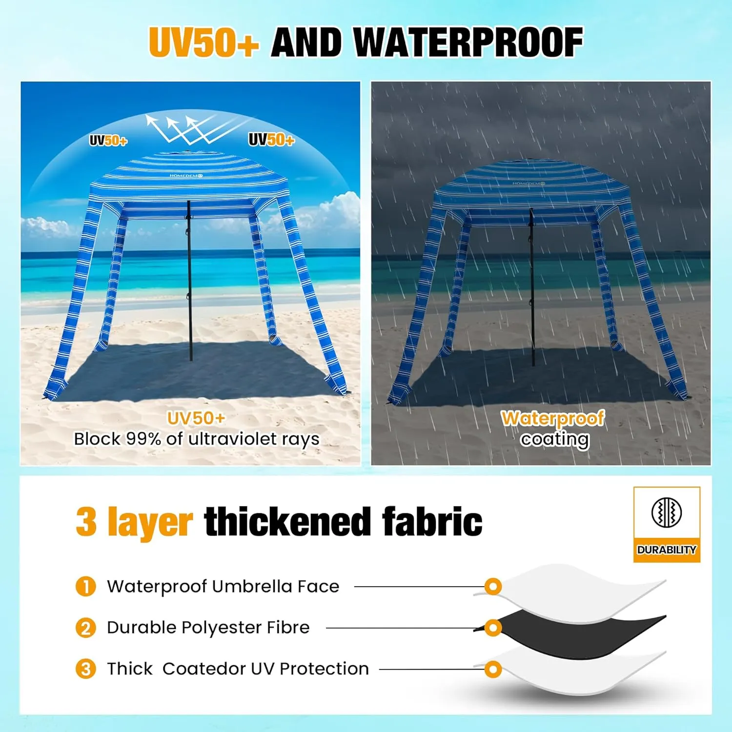 HOMEDEMO Beach Cabana UPF 50 , 6'×6' Beach Canopy, Easy Set up and Take Down, Cool Cabana Beach Tent with Sand Pockets, Side Wall Beach Shade Canopy Wind Waterproof for Kids, Family & Friends