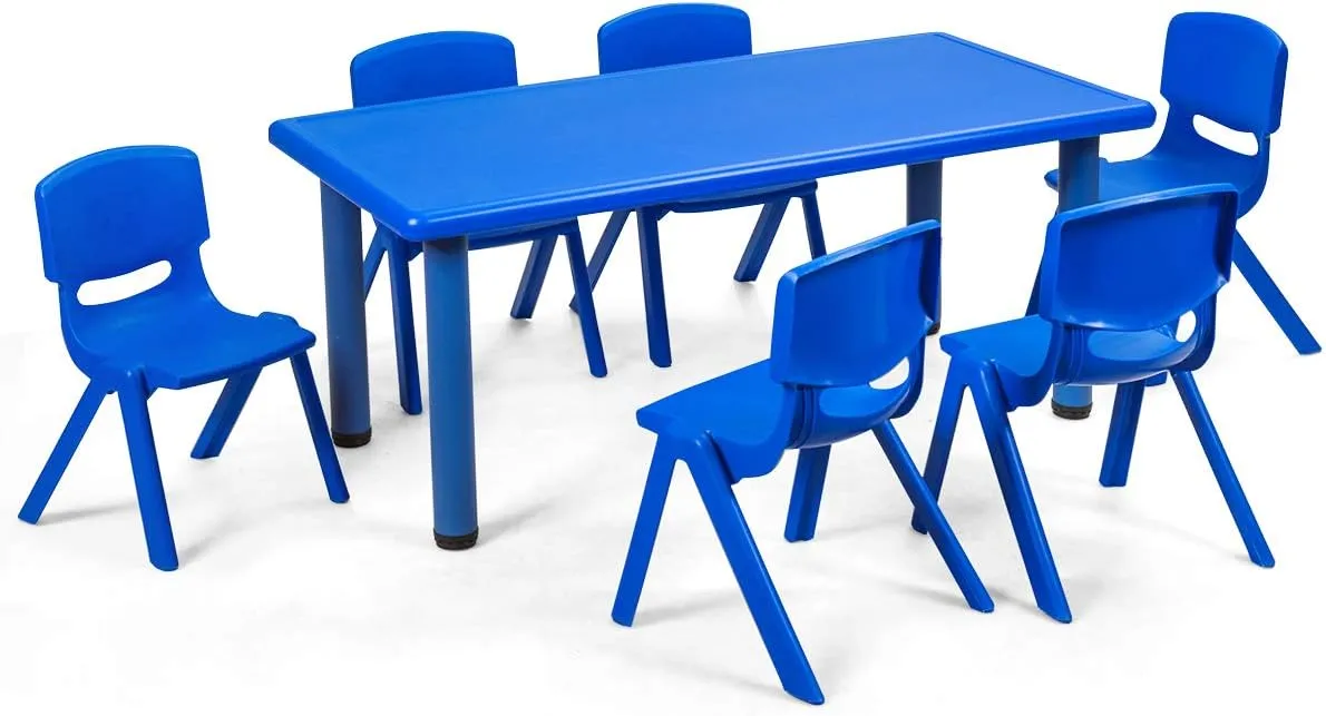 HONEY JOY Kids Table and 6 Chair Set, 47 x 23.5 Inch Children Rectangular Table with Stackable Seats, 7 Pcs Plastic Activity Toddler Furniture Set for Playroom Daycare, Gift for Boys Girls