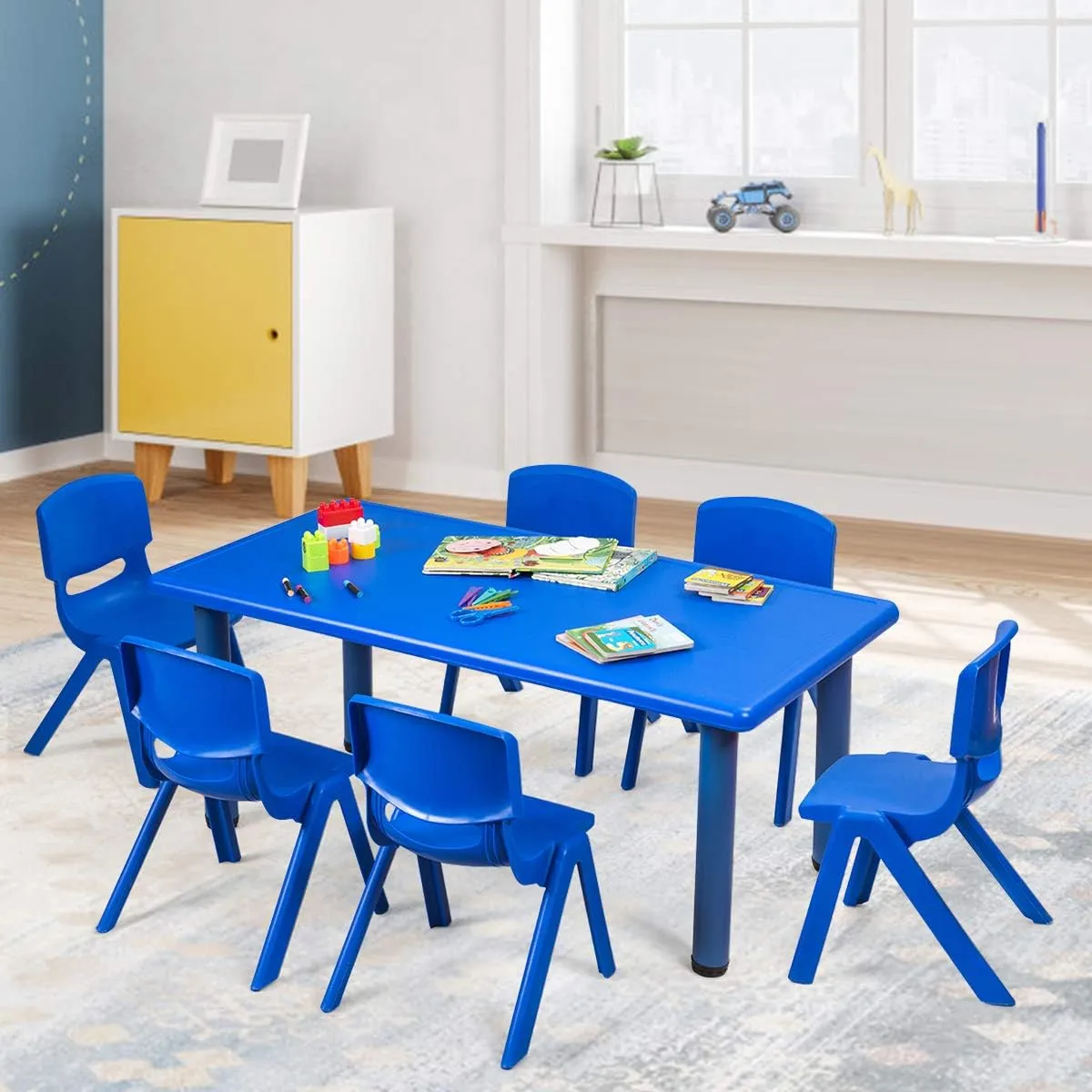 HONEY JOY Kids Table and 6 Chair Set, 47 x 23.5 Inch Children Rectangular Table with Stackable Seats, 7 Pcs Plastic Activity Toddler Furniture Set for Playroom Daycare, Gift for Boys Girls