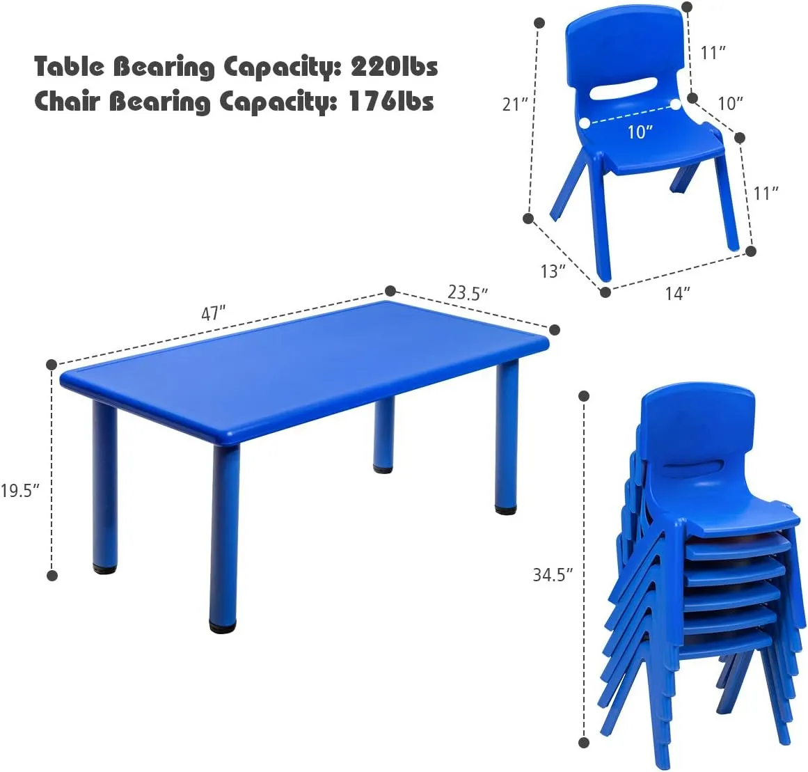 HONEY JOY Kids Table and 6 Chair Set, 47 x 23.5 Inch Children Rectangular Table with Stackable Seats, 7 Pcs Plastic Activity Toddler Furniture Set for Playroom Daycare, Gift for Boys Girls