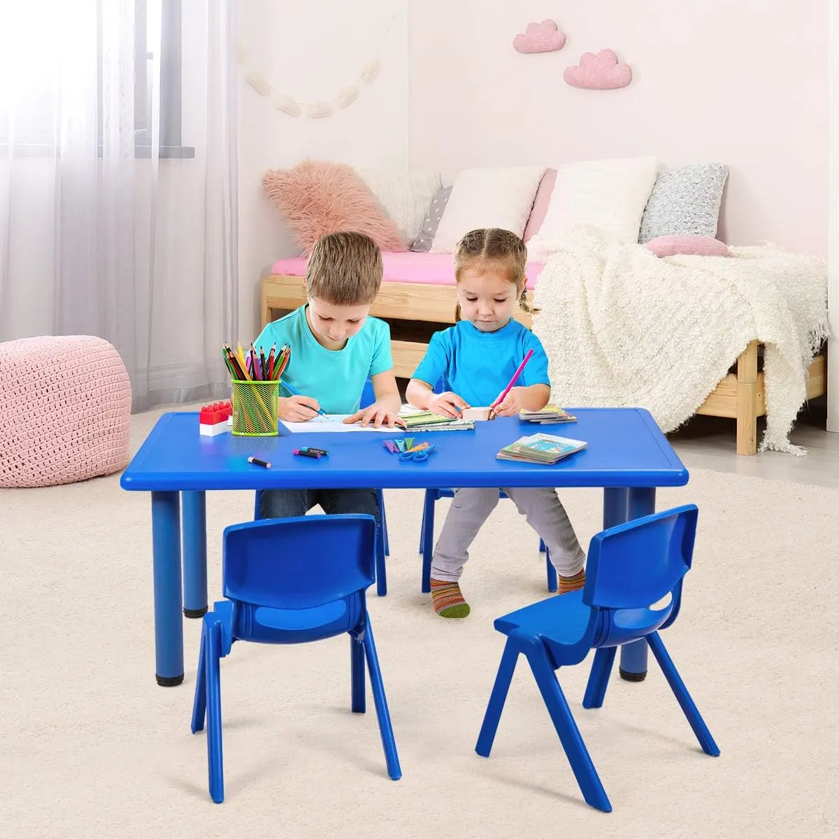 HONEY JOY Kids Table and 6 Chair Set, 47 x 23.5 Inch Children Rectangular Table with Stackable Seats, 7 Pcs Plastic Activity Toddler Furniture Set for Playroom Daycare, Gift for Boys Girls