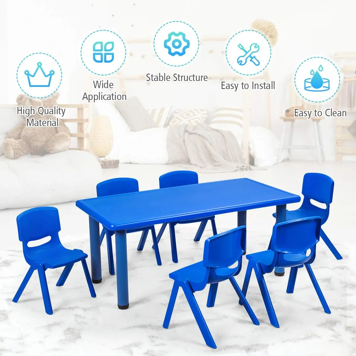 HONEY JOY Kids Table and 6 Chair Set, 47 x 23.5 Inch Children Rectangular Table with Stackable Seats, 7 Pcs Plastic Activity Toddler Furniture Set for Playroom Daycare, Gift for Boys Girls