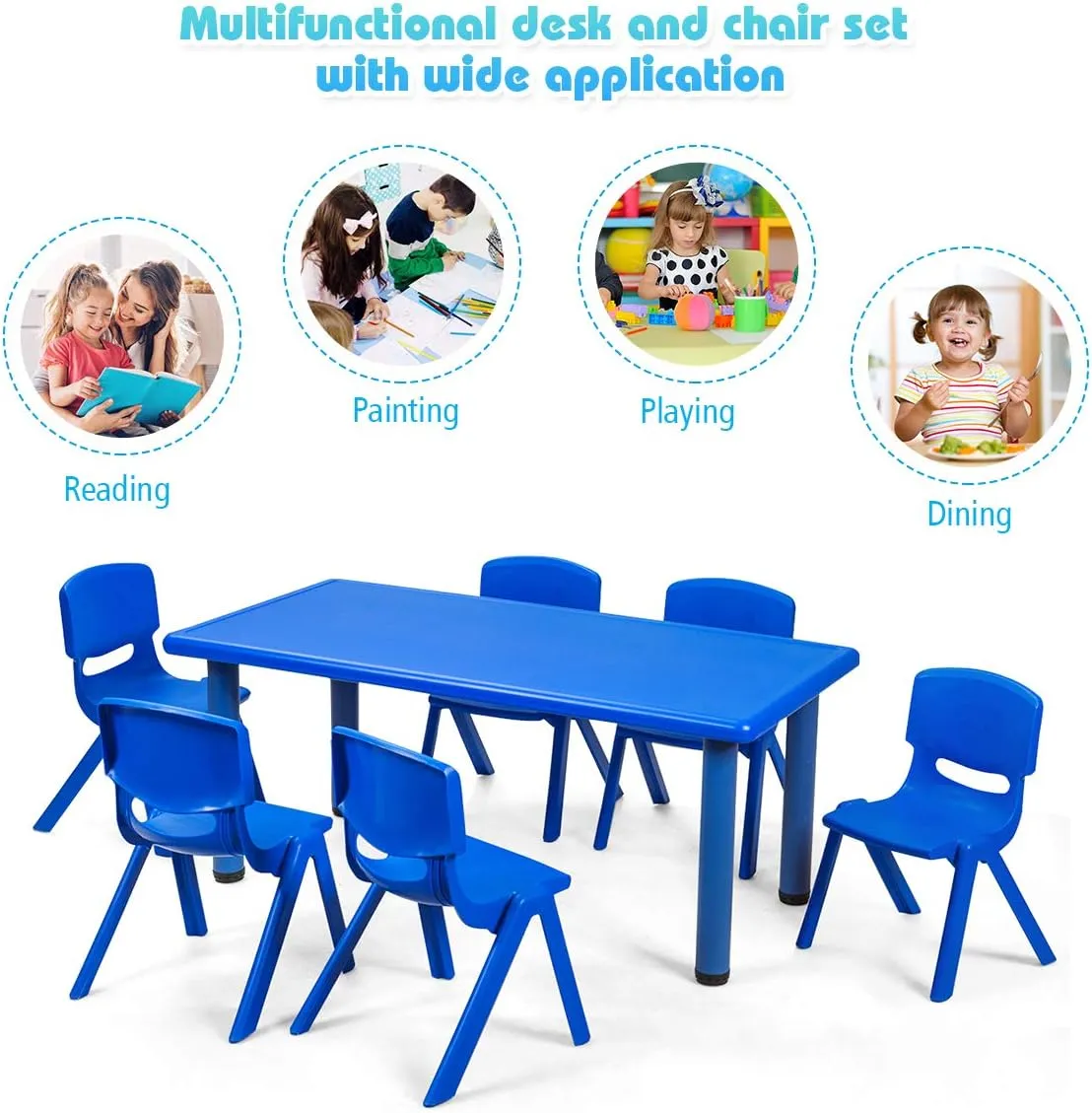HONEY JOY Kids Table and 6 Chair Set, 47 x 23.5 Inch Children Rectangular Table with Stackable Seats, 7 Pcs Plastic Activity Toddler Furniture Set for Playroom Daycare, Gift for Boys Girls