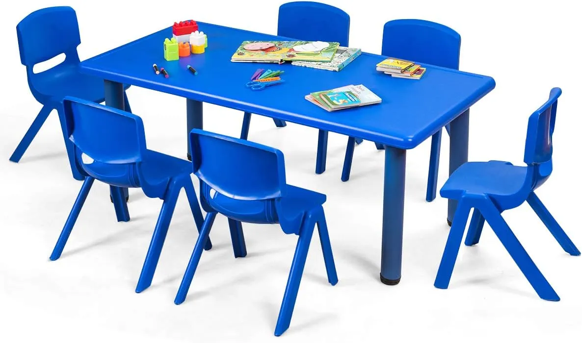 HONEY JOY Kids Table and 6 Chair Set, 47 x 23.5 Inch Children Rectangular Table with Stackable Seats, 7 Pcs Plastic Activity Toddler Furniture Set for Playroom Daycare, Gift for Boys Girls