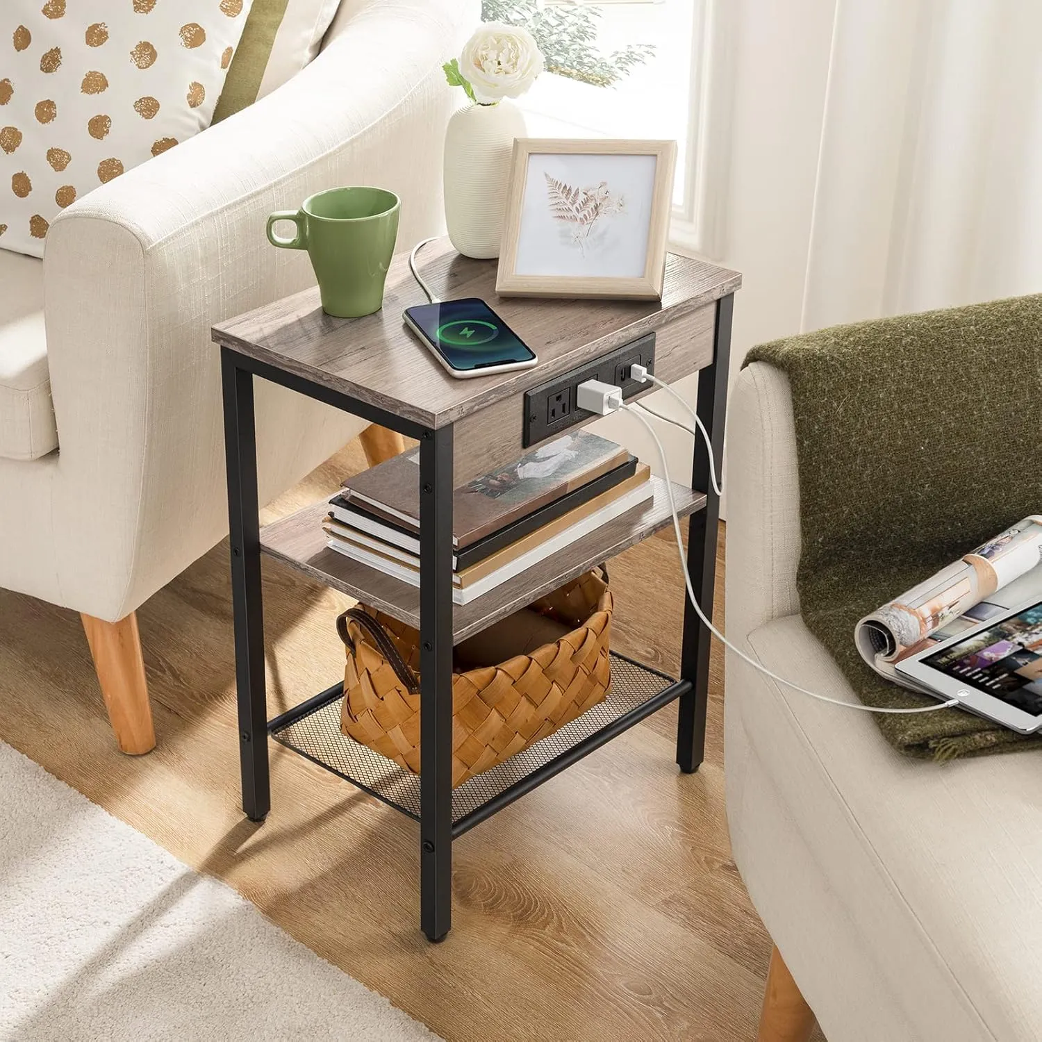 HOOBRO End Table with Charging Station and USB Ports, Small Side Table for Small Space, 3-Tier Nightstand with Adjustable Shelf, for Living Room, Bedroom and Balcony, Greige BG112BZ01