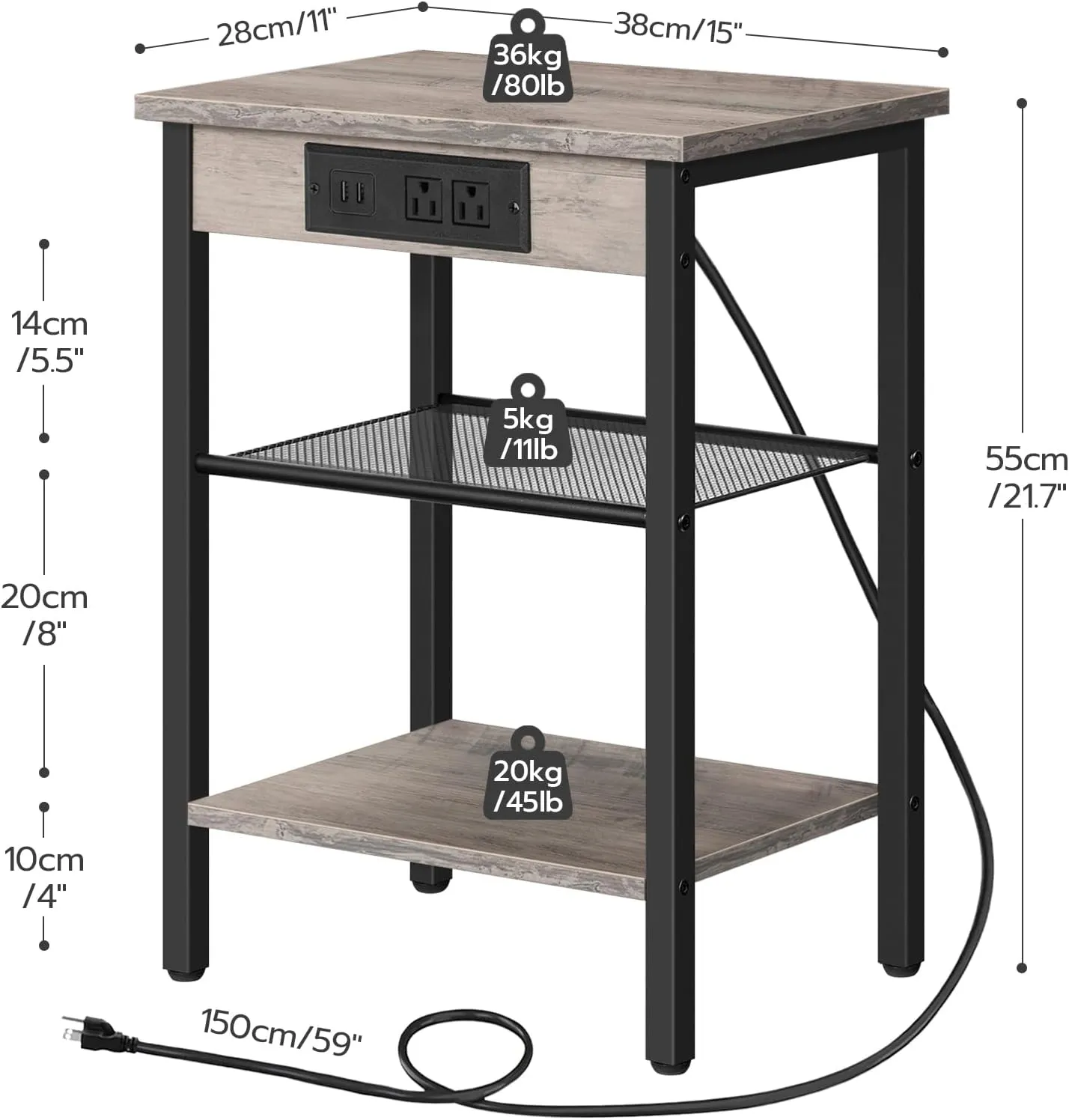 HOOBRO End Table with Charging Station and USB Ports, Small Side Table for Small Space, 3-Tier Nightstand with Adjustable Shelf, for Living Room, Bedroom and Balcony, Greige BG112BZ01
