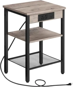 HOOBRO End Table with Charging Station and USB Ports, Small Side Table for Small Space, 3-Tier Nightstand with Adjustable Shelf, for Living Room, Bedroom and Balcony, Greige BG112BZ01