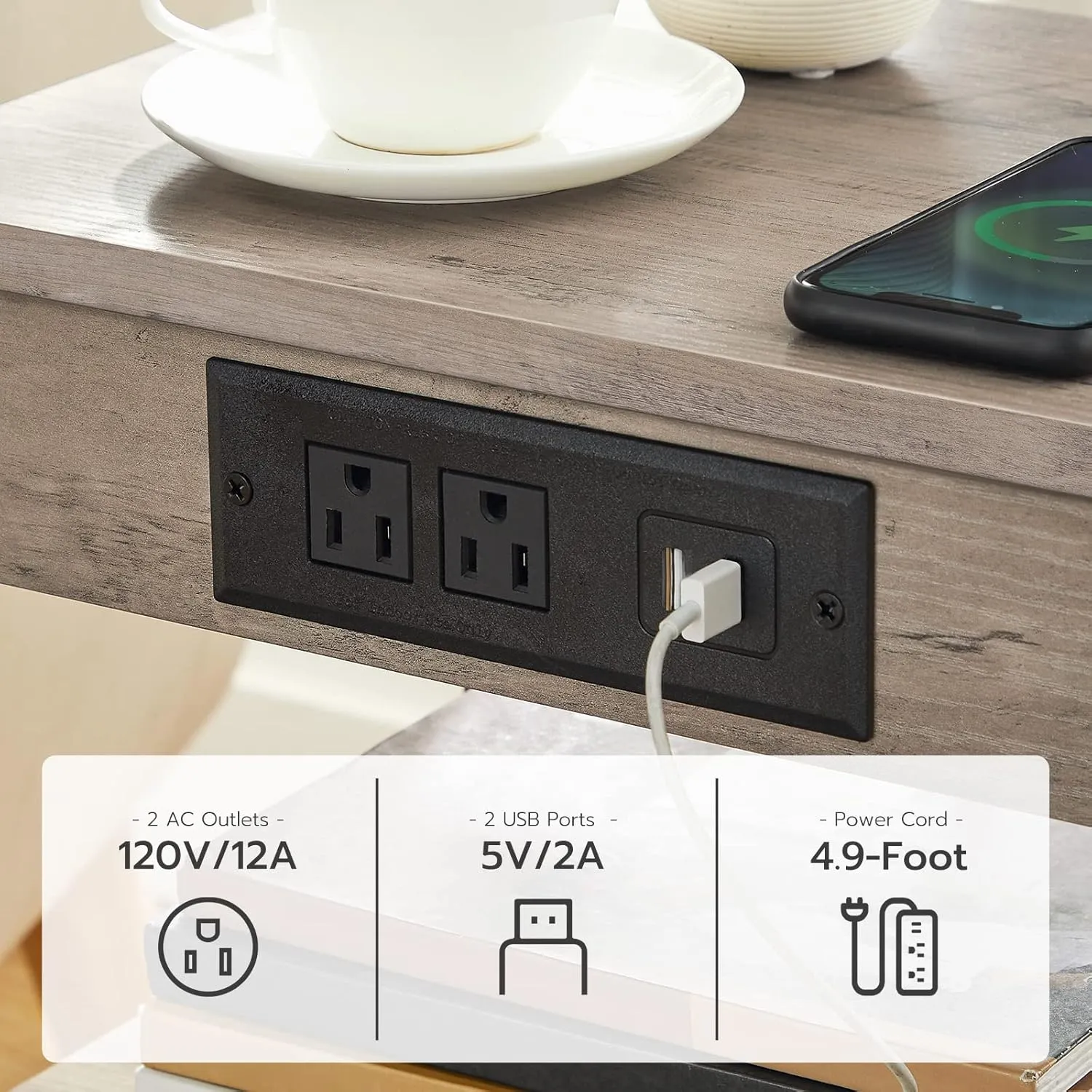 HOOBRO End Table with Charging Station and USB Ports, Small Side Table for Small Space, 3-Tier Nightstand with Adjustable Shelf, for Living Room, Bedroom and Balcony, Greige BG112BZ01