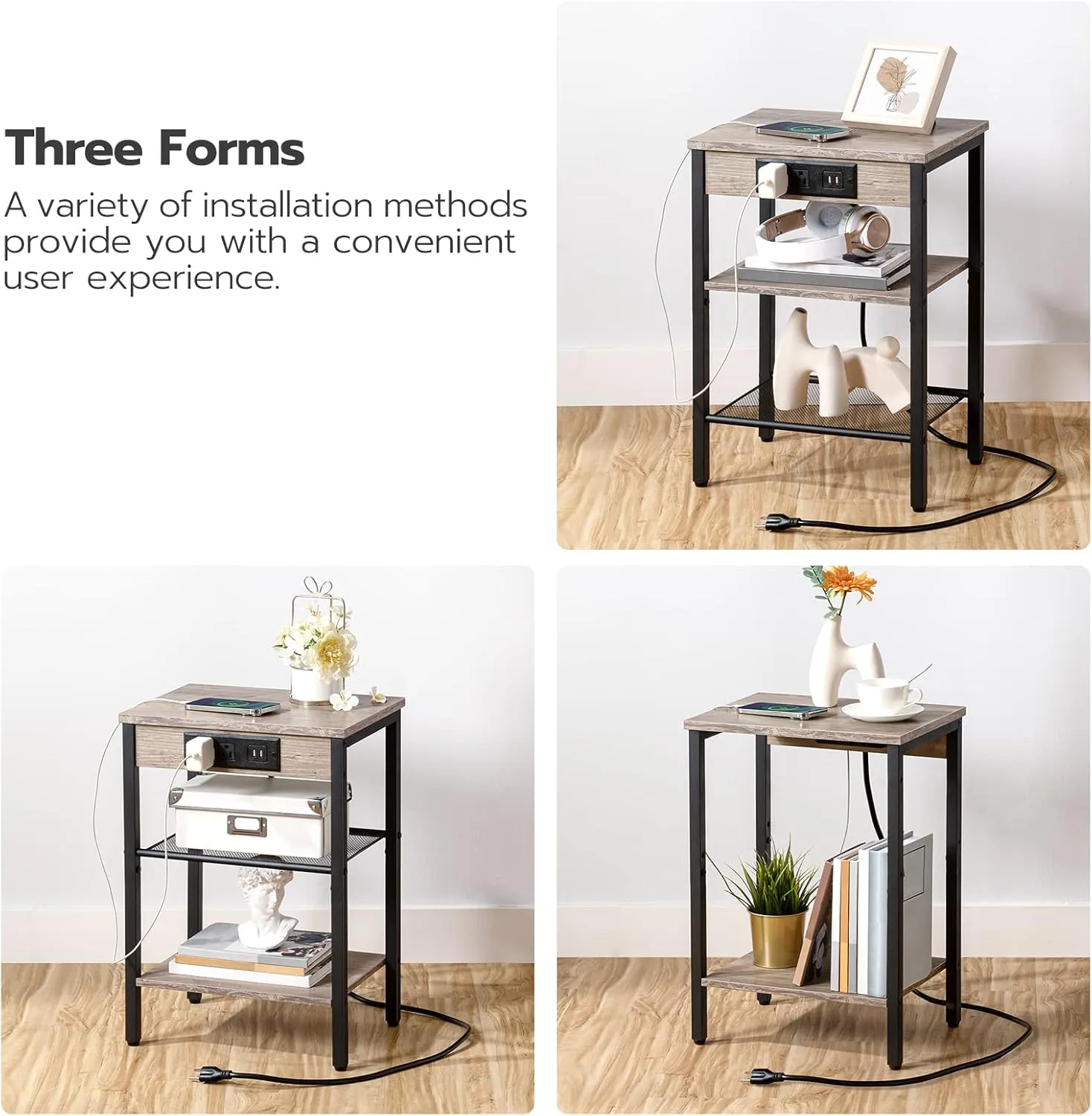 HOOBRO End Table with Charging Station and USB Ports, Small Side Table for Small Space, 3-Tier Nightstand with Adjustable Shelf, for Living Room, Bedroom and Balcony, Greige BG112BZ01