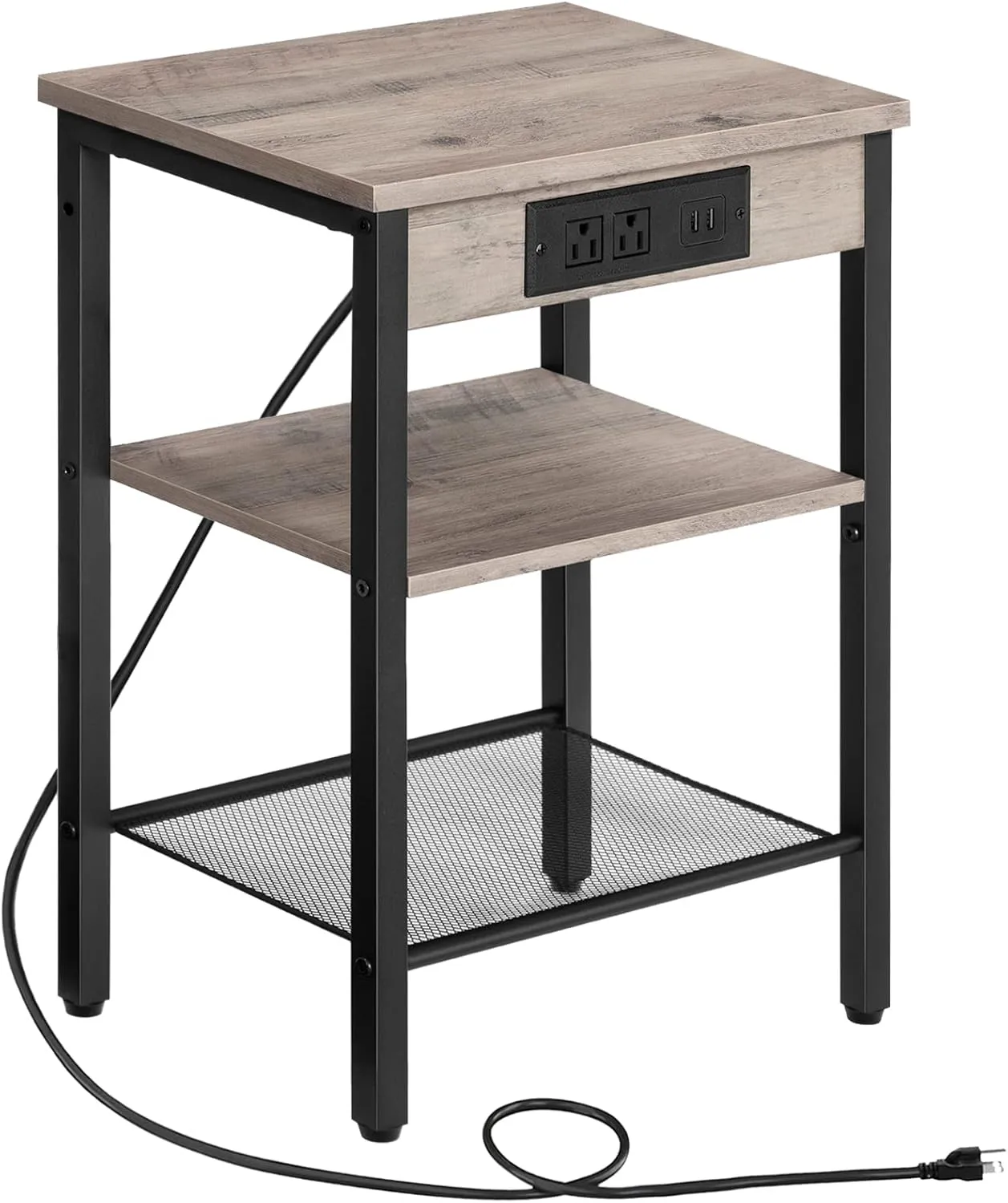 HOOBRO End Table with Charging Station and USB Ports, Small Side Table for Small Space, 3-Tier Nightstand with Adjustable Shelf, for Living Room, Bedroom and Balcony, Greige BG112BZ01