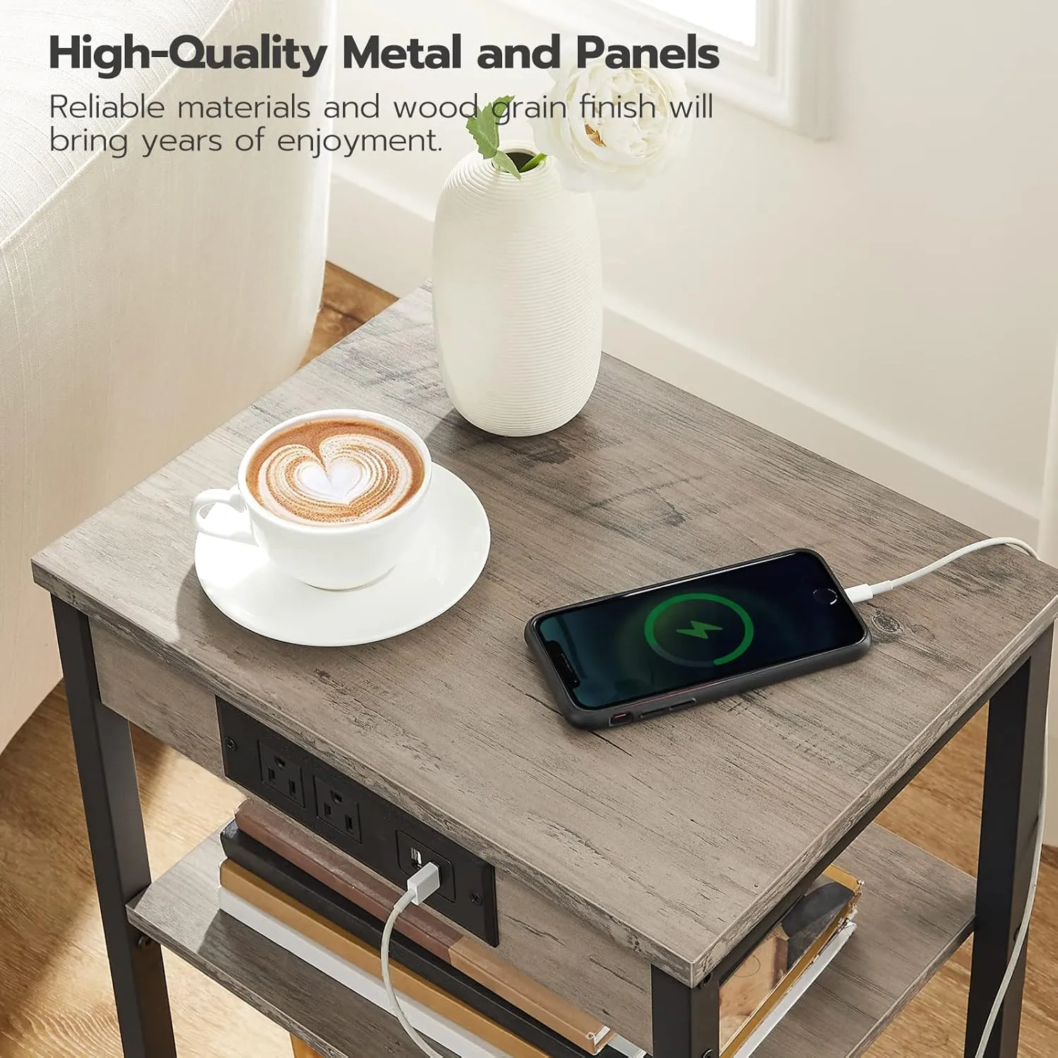 HOOBRO End Table with Charging Station and USB Ports, Small Side Table for Small Space, 3-Tier Nightstand with Adjustable Shelf, for Living Room, Bedroom and Balcony, Greige BG112BZ01