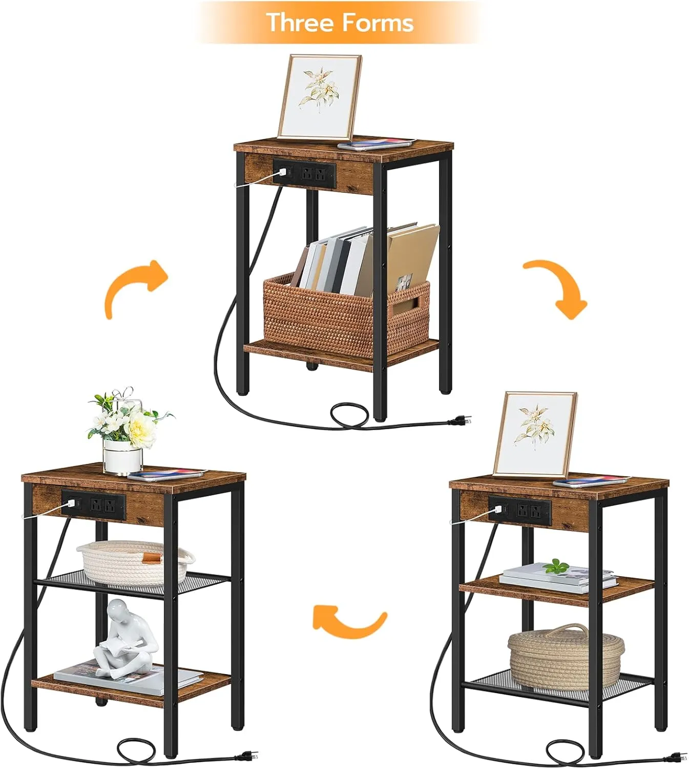 HOOBRO Side Table with Charging Station and USB Ports, Small End Table for Small Space, 3-Tier Nightstand with Adjustable Shelf, for Living Room, Bedroom and Balcony, Rustic Brown BF112BZ01