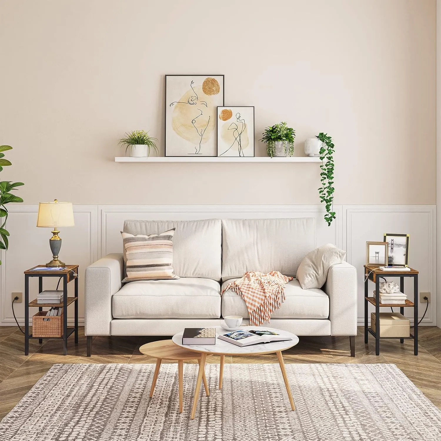 HOOBRO Side Table with Charging Station and USB Ports, Small End Table for Small Space, 3-Tier Nightstand with Adjustable Shelf, for Living Room, Bedroom and Balcony, Rustic Brown BF112BZ01