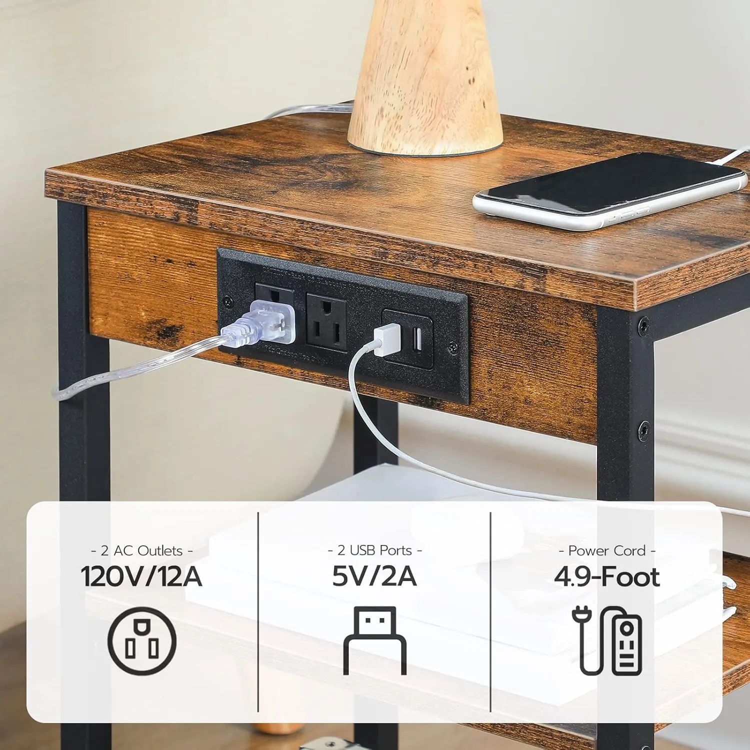 HOOBRO Side Table with Charging Station and USB Ports, Small End Table for Small Space, 3-Tier Nightstand with Adjustable Shelf, for Living Room, Bedroom and Balcony, Rustic Brown BF112BZ01
