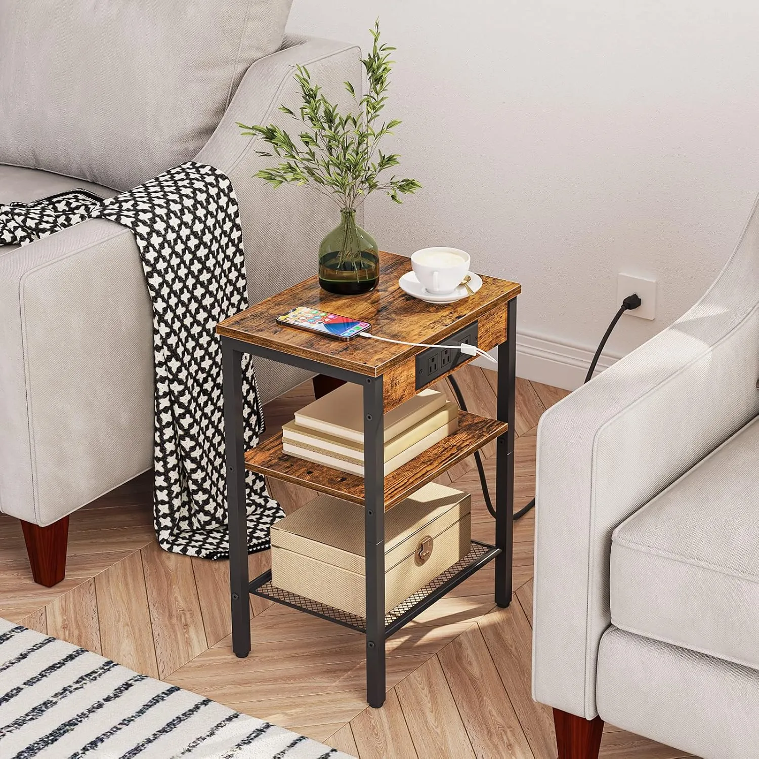 HOOBRO Side Table with Charging Station and USB Ports, Small End Table for Small Space, 3-Tier Nightstand with Adjustable Shelf, for Living Room, Bedroom and Balcony, Rustic Brown BF112BZ01