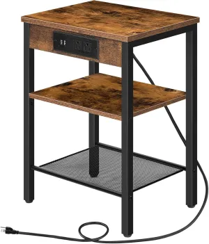 HOOBRO Side Table with Charging Station and USB Ports, Small End Table for Small Space, 3-Tier Nightstand with Adjustable Shelf, for Living Room, Bedroom and Balcony, Rustic Brown BF112BZ01
