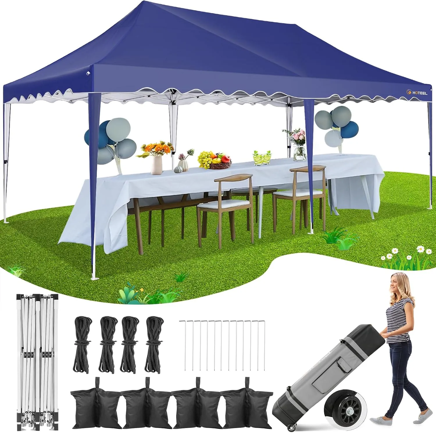 HOTEEL 10x20 Pop Up Canopy Tents for Parties, Outdoor Tent with Wheeled Bag & 4 Sandbags, Easy Setup Shelter Gazebo for Wedding, Patio Events, Commercial, Party -Waterproof and UV50 , Dark Blue