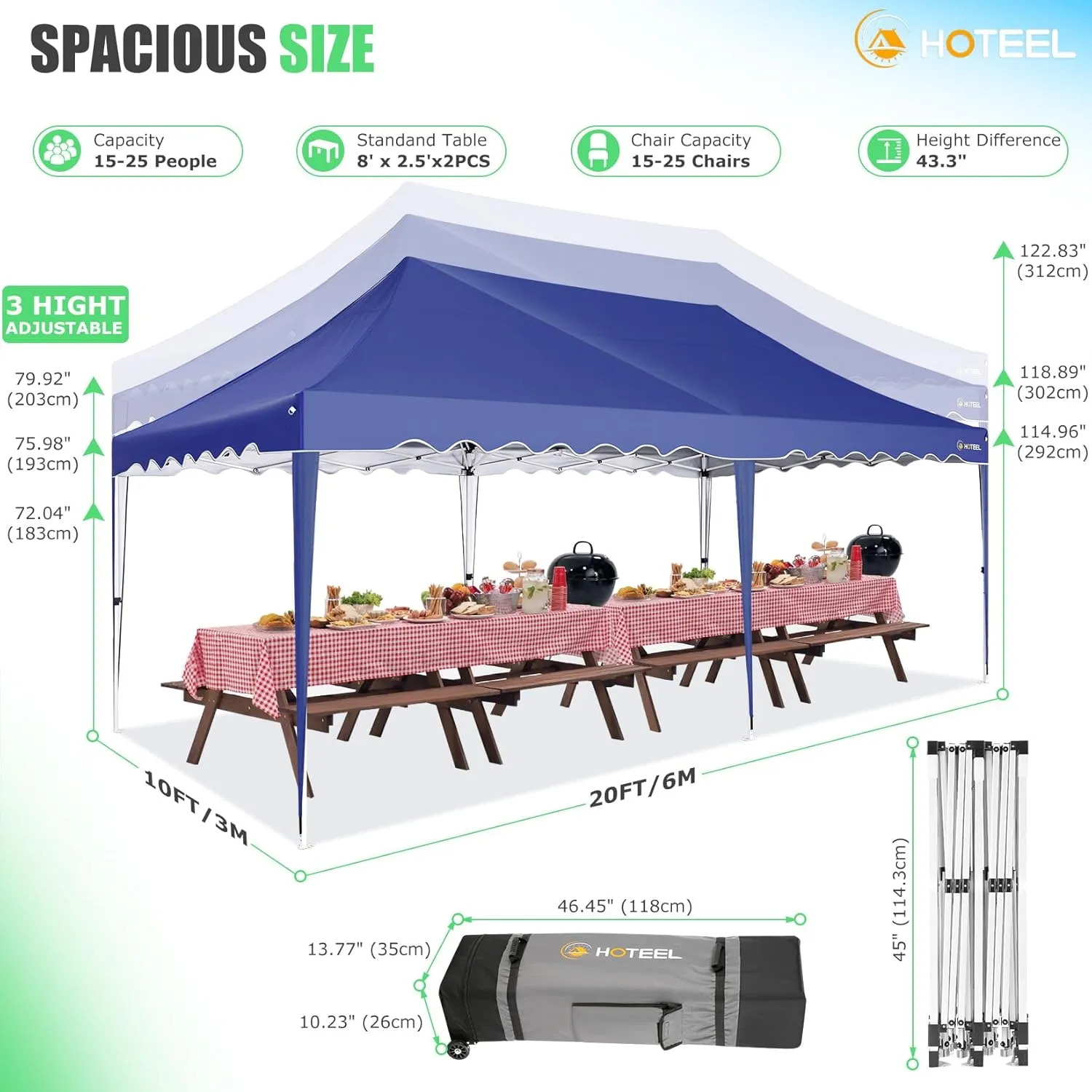 HOTEEL 10x20 Pop Up Canopy Tents for Parties, Outdoor Tent with Wheeled Bag & 4 Sandbags, Easy Setup Shelter Gazebo for Wedding, Patio Events, Commercial, Party -Waterproof and UV50 , Dark Blue