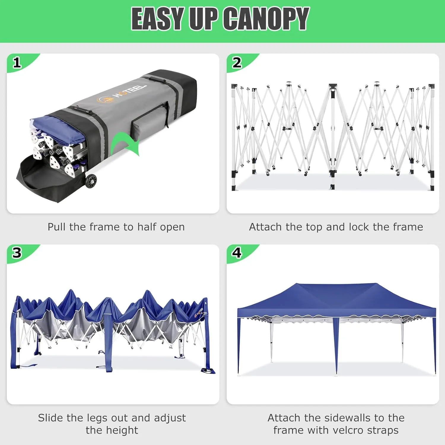 HOTEEL 10x20 Pop Up Canopy Tents for Parties, Outdoor Tent with Wheeled Bag & 4 Sandbags, Easy Setup Shelter Gazebo for Wedding, Patio Events, Commercial, Party -Waterproof and UV50 , Dark Blue
