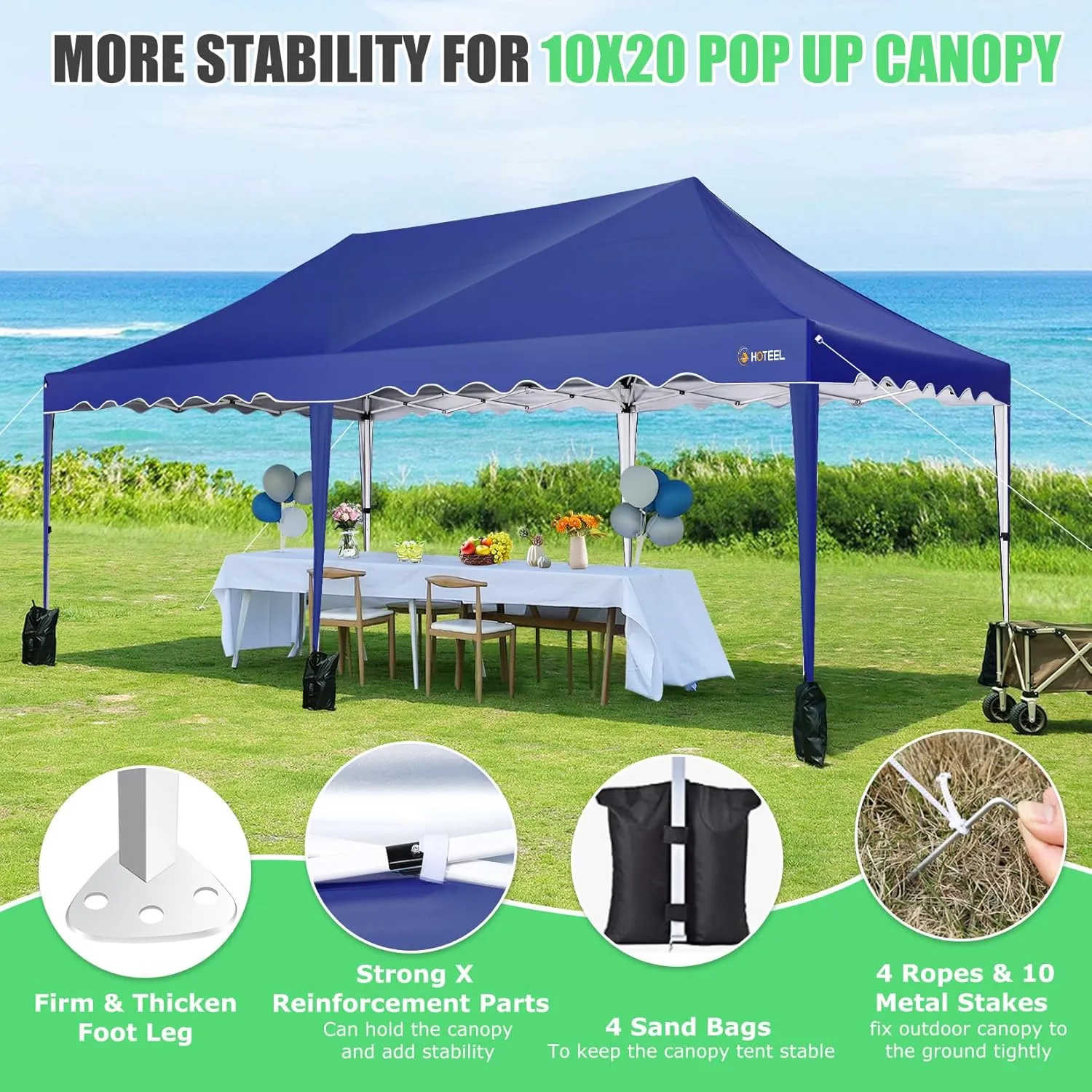 HOTEEL 10x20 Pop Up Canopy Tents for Parties, Outdoor Tent with Wheeled Bag & 4 Sandbags, Easy Setup Shelter Gazebo for Wedding, Patio Events, Commercial, Party -Waterproof and UV50 , Dark Blue