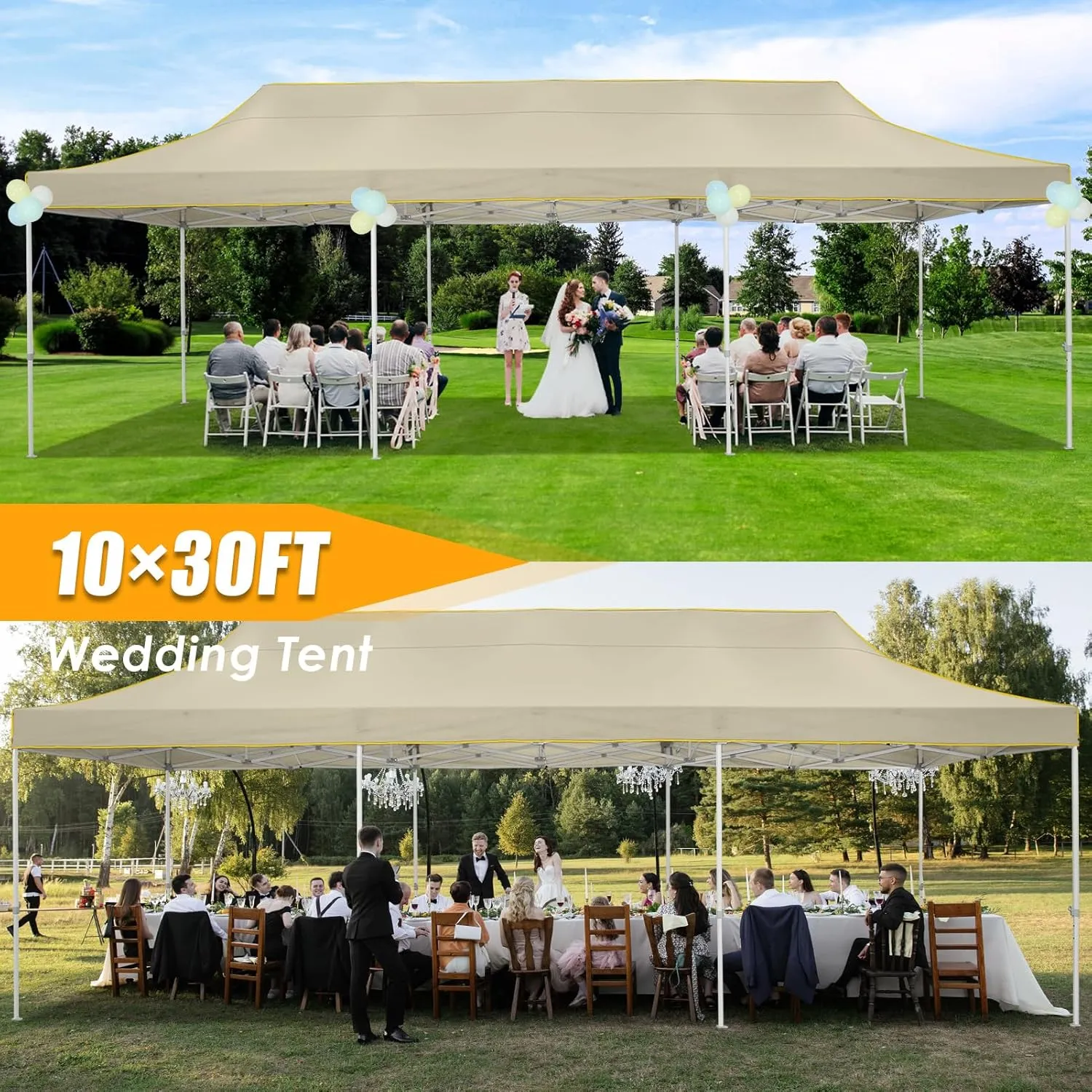 HOTEEL 10x30 Heavy Duty Pop Up Canopy Tent for Parties Event Wedding Commercial Instant Canopy with Wheeled Bag, Party Tent Waterproof UV 50 &Windproof, Upgraded Thick Hexagonal Legs, Khaki