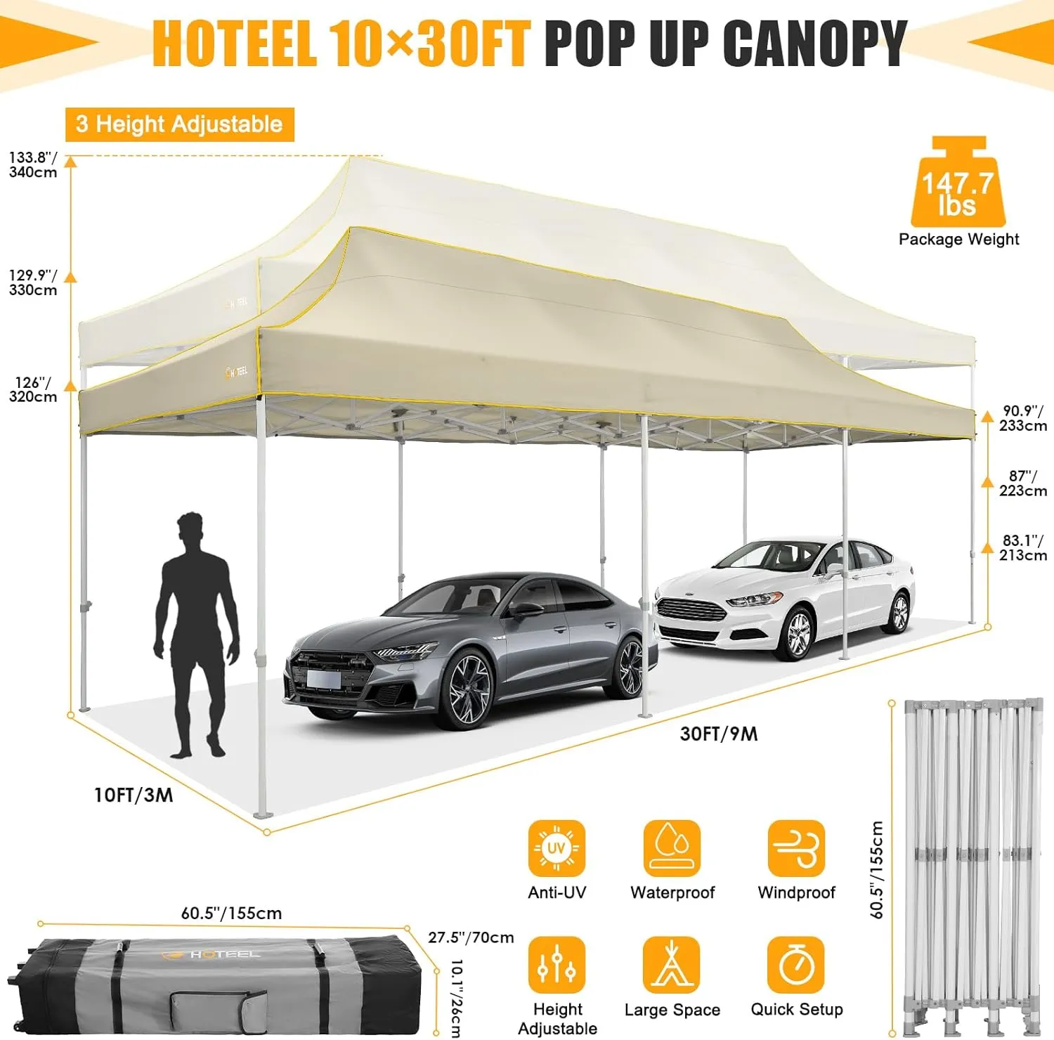 HOTEEL 10x30 Heavy Duty Pop Up Canopy Tent for Parties Event Wedding Commercial Instant Canopy with Wheeled Bag, Party Tent Waterproof UV 50 &Windproof, Upgraded Thick Hexagonal Legs, Khaki