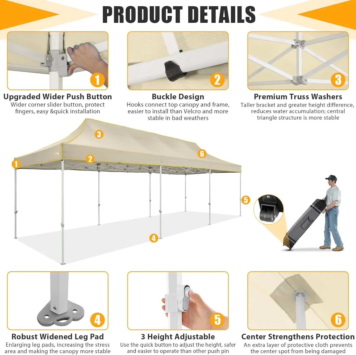 HOTEEL 10x30 Heavy Duty Pop Up Canopy Tent for Parties Event Wedding Commercial Instant Canopy with Wheeled Bag, Party Tent Waterproof UV 50 &Windproof, Upgraded Thick Hexagonal Legs, Khaki