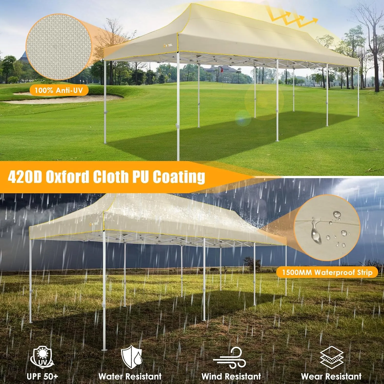 HOTEEL 10x30 Heavy Duty Pop Up Canopy Tent for Parties Event Wedding Commercial Instant Canopy with Wheeled Bag, Party Tent Waterproof UV 50 &Windproof, Upgraded Thick Hexagonal Legs, Khaki