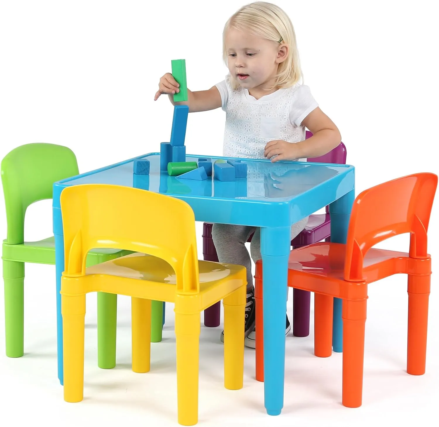 Humble Crew Kids Table and 4 Chair Set, Blue Table with Chairs - Sturdy Toddler Activity Table for Playtime, Arts, Crafts, Reading, and More - 5-Piece Children’s Furniture for Daycare Playroom