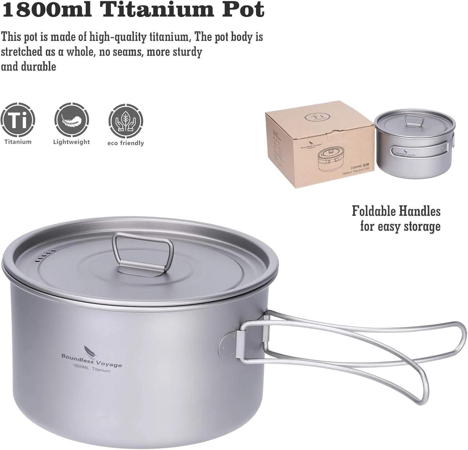 iBasingo 1.8L Titanium Cooking Pot with Lid Camping Cookware with Foldable Handle Outdoor Portable Lightweight Cooking Kit for Backpacking Hiking Picnic Fishing Mountaineering Ti2107C (1 pc)