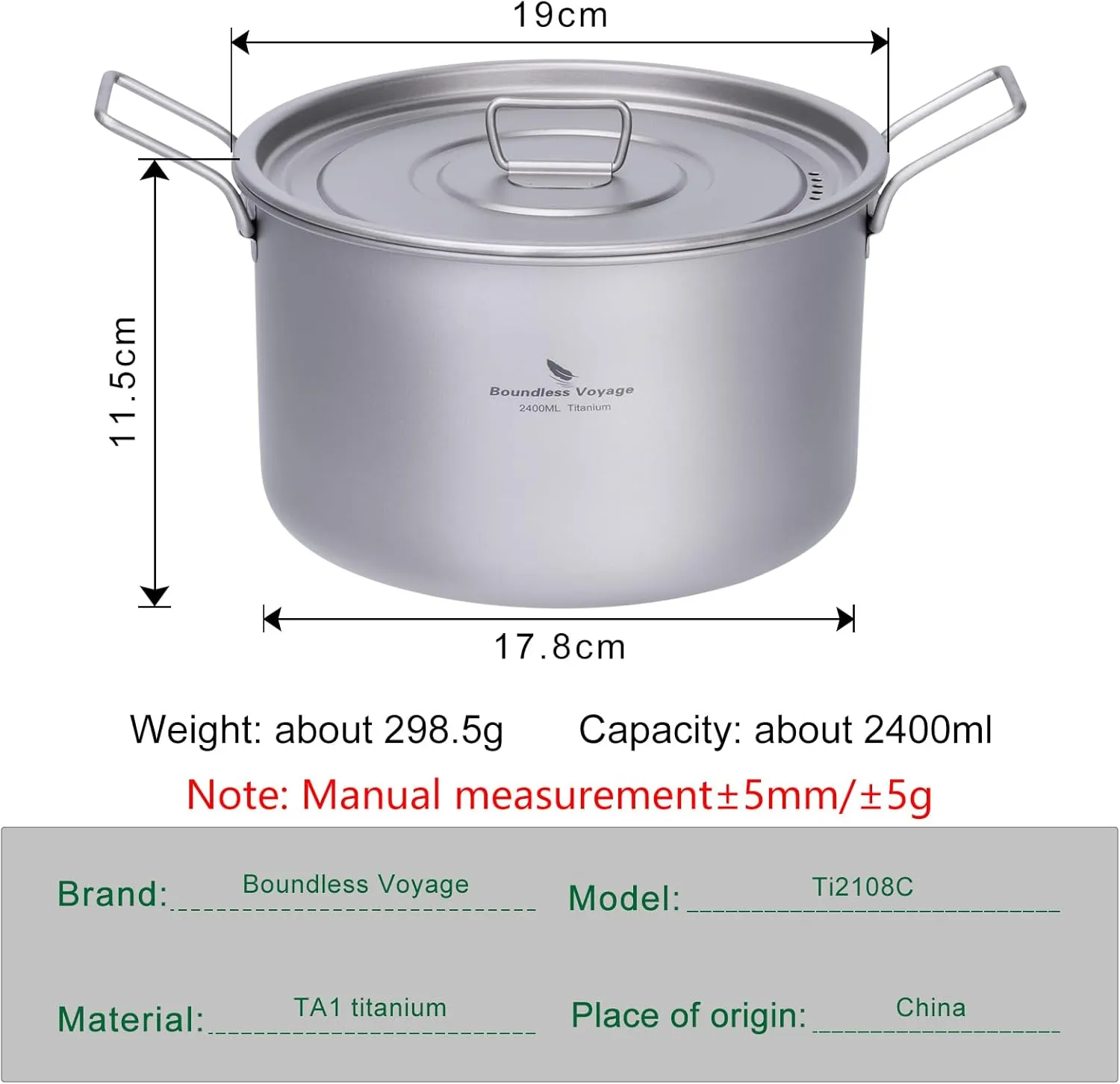 iBasingo 2.4L Titanium Soup Pot with Lid Camping Cookware with Foldable Handle Portable Lightweight Outdoor Kitchen Cooking Kit for Backpacking Hiking Picnic Fishing Mountaineering Ti2108C