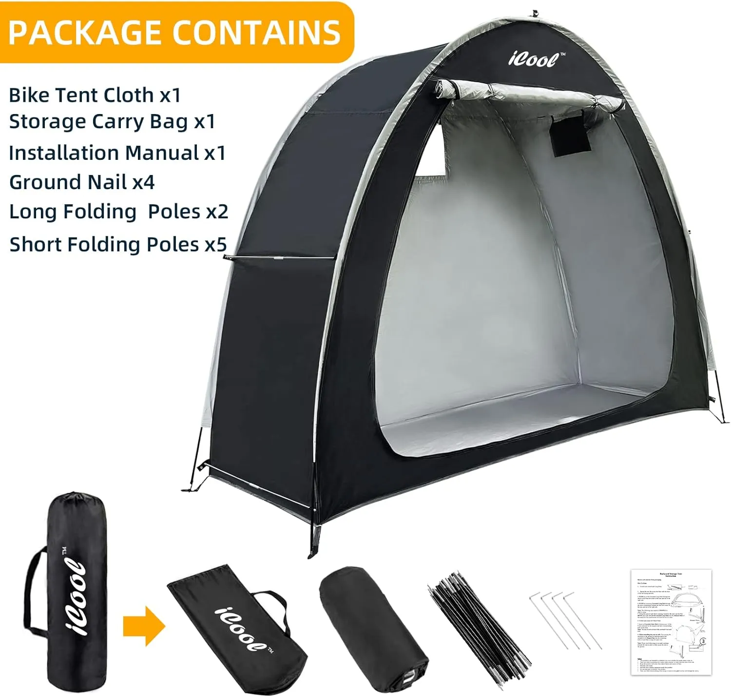 iCool Outdoor Bike Covers Storage Shed Tent, 210D Oxford Thick Waterproof Fabric Aluminum Alloy Bracket Bicycle Storage shed Neat Cover - Storage of 2 Bicycles or tricycles-Black