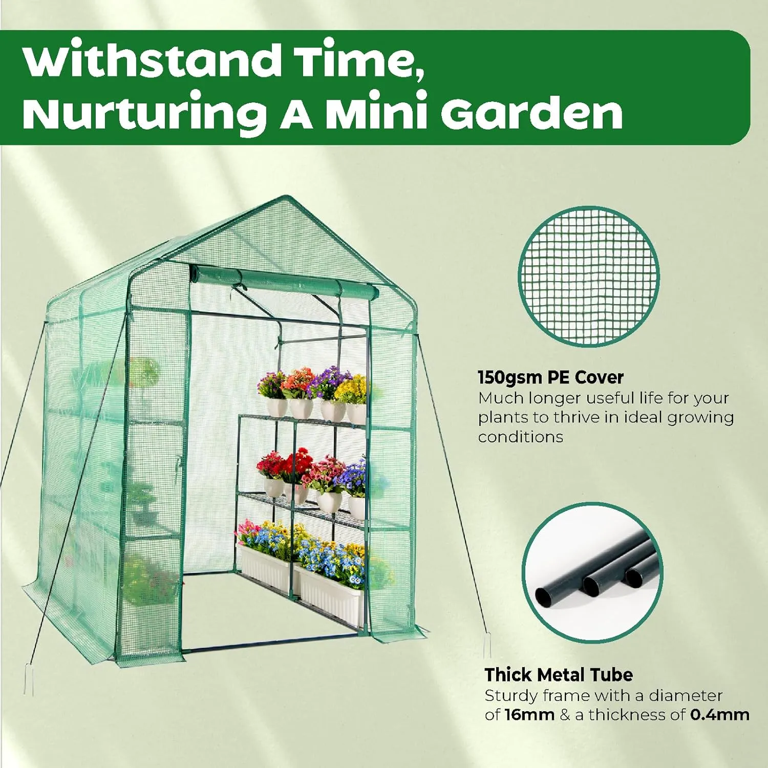 IDZO Walk in Greenhouse, Outdoor Greenhouse with Durable PE Cover & Sturdy Steel Frame for All Seasons, Convenient Rollable Door, Anchor & Rope Included for More Stable Stand, Easy to Install