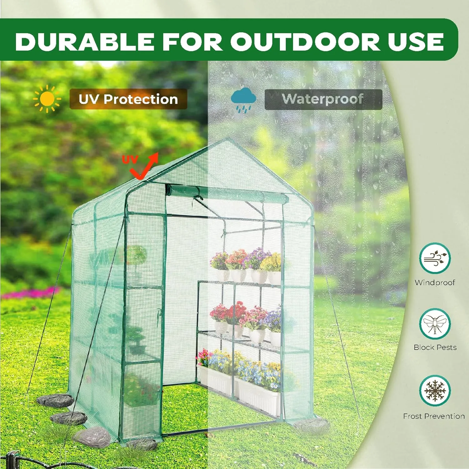 IDZO Walk in Greenhouse, Outdoor Greenhouse with Durable PE Cover & Sturdy Steel Frame for All Seasons, Convenient Rollable Door, Anchor & Rope Included for More Stable Stand, Easy to Install