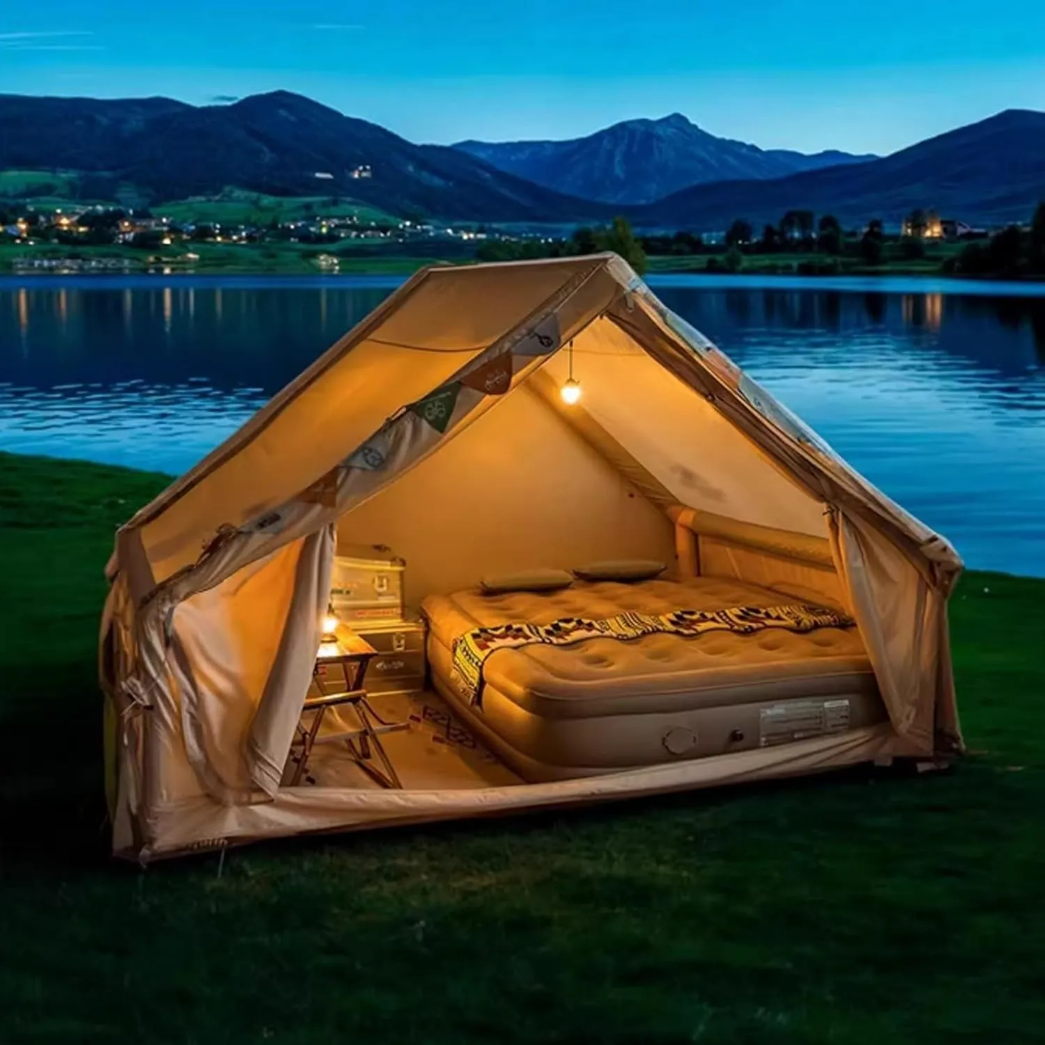 Inflatable Camping Tent, 2-4 Person Family Tent with Skylights, Pump and Relief Valve, 4 Season Waterproof Oxford Cloth, Easy Setup, Panorama Gate, Sport Tent for Camping, Picnics(12 Square metre)
