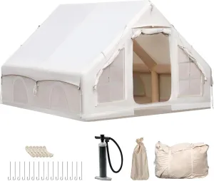 Inflatable Camping Tent, Glamping Inflatable Tent for Camping, 4 Season Water&Windproof Outdoor Oxford Blow Up Cabin Tent with Mesh Windows & Doors for 4-8 People Camping