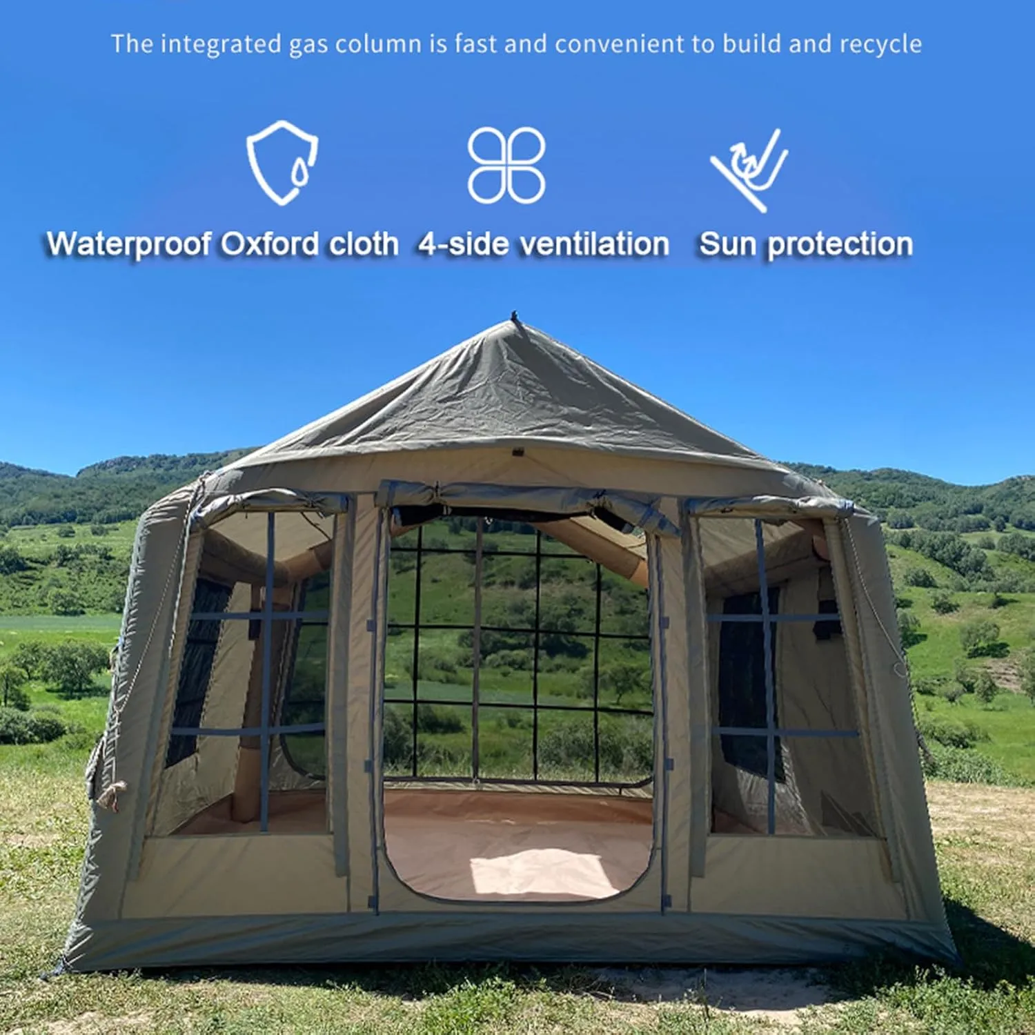Inflatable Camping Tent with Pump, 4 Seasons Cabin Tent 9㎡, Easy Install Glamping Tents, Outdoor Oxford Tent Windproof with Carry Bag